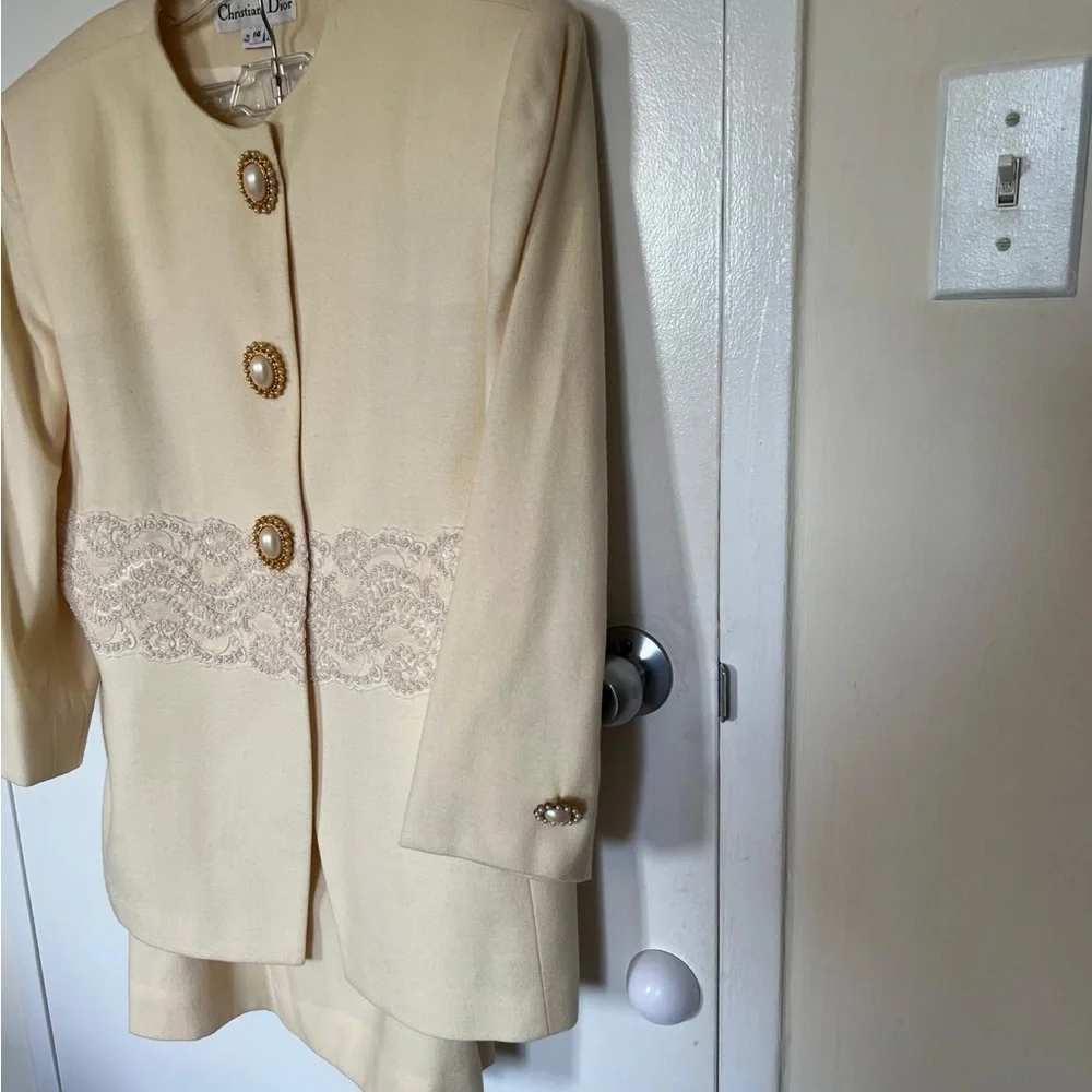 Dior Women's Cream Blazer with Skirt Gold Accents